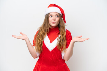 Young caucasian woman with Christmas dress isolated on white background having doubts while raising hands