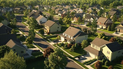Fototapeta premium Aerial View of a Suburban Neighborhood with Houses, Trees, and Cars