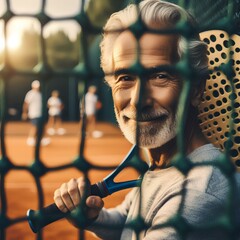  View through tennis net of elderly man playing paddle tennis