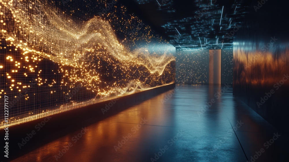 Poster technology data flow concept with dynamic visual effects and glowing circuits.