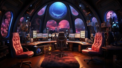 Naklejka premium Futuristic Recording Studio with Cosmic Hyper-Realistic Details