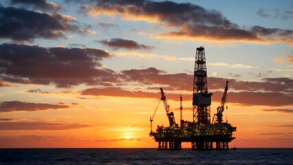 Obraz premium An offshore oil rig silhouetted against a vibrant sunset