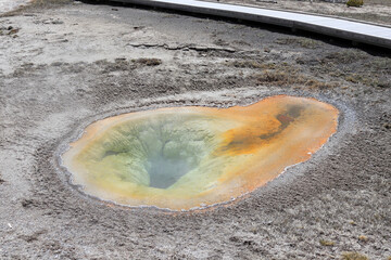Rainbow-colored geothermal pool close-up in Yellowstone. Spring. 2021