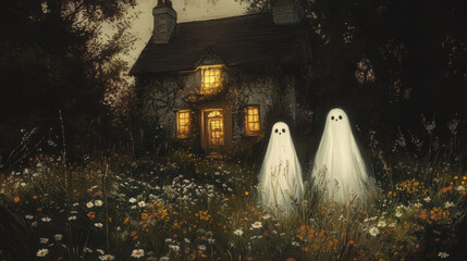 Two friendly ghosts stand in flower filled garden near cozy cottage, illuminated by warm light from windows, creating whimsical and enchanting atmosphere