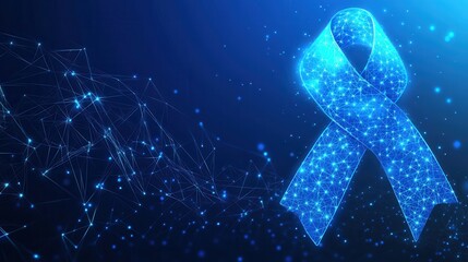 Abstract blue ribbon awareness symbol with low poly design and connecting dots.