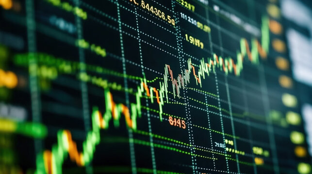 Close up of a digital stock market screen showing a graph trending upwards symbolizing stock buybacks with a blurred background showing financial charts and candlestick patterns.