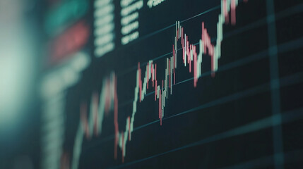 Close up of a digital stock market screen showing a graph trending upwards symbolizing stock buybacks with a blurred background showing financial charts and candlestick patterns.