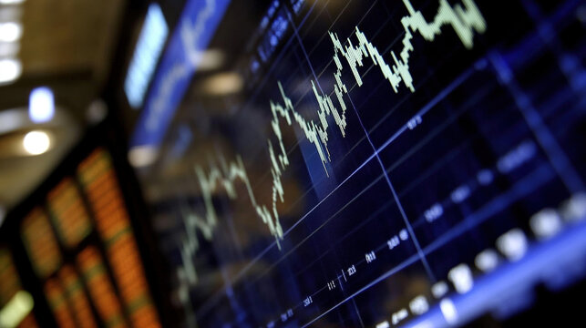 Close up of a digital stock market screen showing a graph trending upwards symbolizing stock buybacks with a blurred background showing financial charts and candlestick patterns.