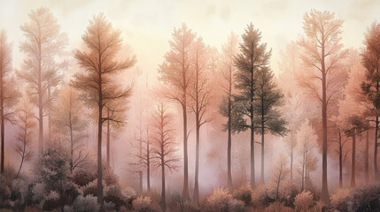 Fototapeta premium serene forest landscape with tall trees in soft pastel colors, creating tranquil atmosphere. mist adds dreamy quality to scene, evoking sense of calm and peace