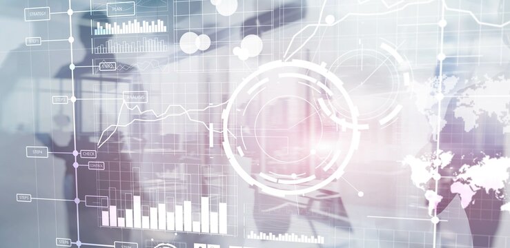 Business intelligence control interface marketing finance management. Silhouettes in the background