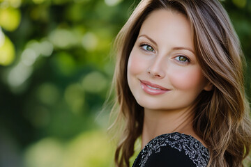 Fototapeta premium Woman smiles gently in a sunlit outdoor setting