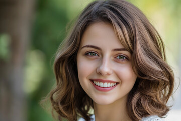Fototapeta premium Young woman smiles cheerfully outdoors in natural light