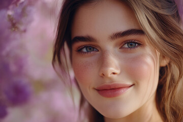 Fototapeta premium Smiling woman with natural beauty in a floral setting