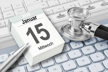 Deutscher Kalender 15. Januar 2025 mit Stethoskop und PC