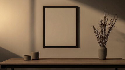 Minimalist Home Decor  Mockup with Blank Frame  Wooden Table  Dried Flowers