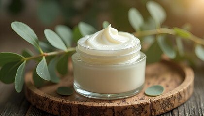 Cream jar on a wooden tray with eucalyptus leaves in a natural setting