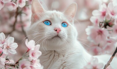 serene white cat with striking blue eyes lounging beside a blooming cherry blossom tree soft pink petals contrast with the cat's pristine fur creating a dreamy springtime scene 