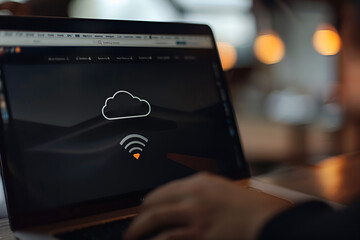 Ekran laptopa z wyświetlonym symbolem chmury i połączenia Wi-Fi