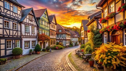 Naklejka premium Captivating Architectural Photography of the Historic Old Town of Bad Wildungen, Germany, Showcasing Charming Half-Timbered Houses and Picturesque Streets in Autumn Light