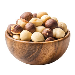 Obraz premium Macadamia nuts in a wooden bowl isolated on white & transparent a background.