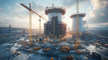 large nuclear power plant under construction, with massive cooling towers placed symmetrically on both sides of the image. The scene is bathed in cool blue tones, creating a crisp and clear atmosphere