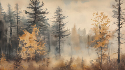 Fototapeta premium serene watercolor landscape featuring tall evergreen trees and golden autumn foliage. misty atmosphere creates tranquil and dreamy scene, perfect for nature lovers