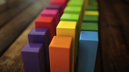 Colorful bar graph blocks arranged in rows on a wooden surface.