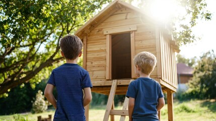 Community Focused. Two children admire a wooden playhouse in a sunlit garden.