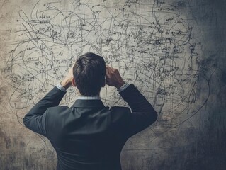 Overwhelmed by Complexity: A Man Facing a Wall of Scribbles