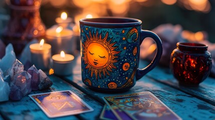 Celestial mug with tarot cards and candles at sunset.