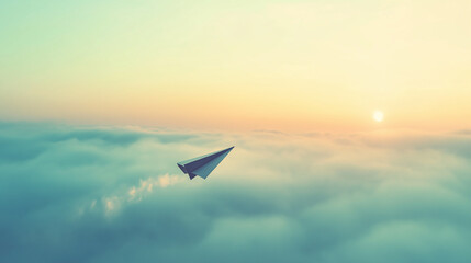 Fototapeta premium paper airplane floating high in the sky through a misty morning, surrounded by soft clouds, the plane flying smoothly through the mist, capturing the delicacy of the paper and the ethereal, calm atmos