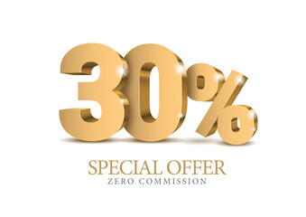 30 percent number. Eighty number in gold 3d. Poster template for discount, sale discount, work progress. Vector illustration