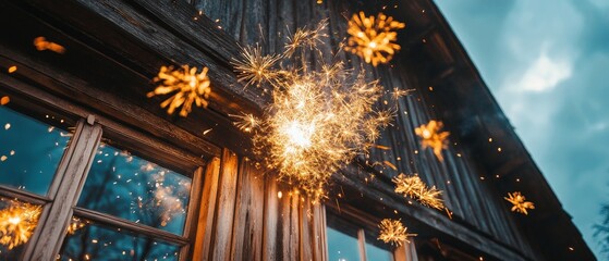 Sparks flying from a wooden building, creating a dramatic and dynamic scene.