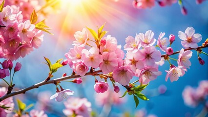 Obraz premium Captivating Cherry Blossom Branch: A Serene Moment in Nature’s Beauty Captured in Documentary Style, Showcasing Delicate Petals and Vibrant Colors Against a Clear Sky Background