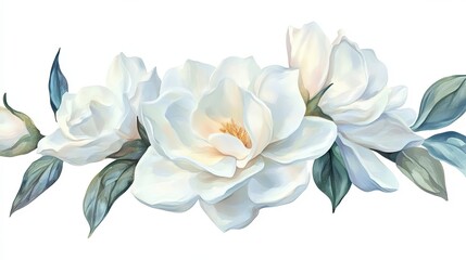 Obraz premium Elegant White Magnolia Blossoms and Green Leaves