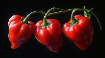 Three vibrant red peppers displayed against a black background.