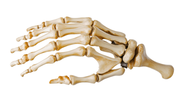 Model of human skeletal hand with phalanges detailed, isolated on white background