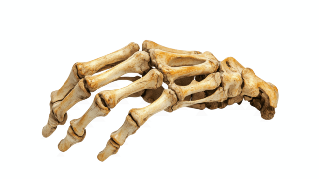 Model of human skeletal hand with phalanges detailed, isolated on white background