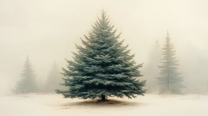 Fototapeta premium Here's a caption and keywords for your stock photo.. Solitary evergreen in foggy winter landscape.