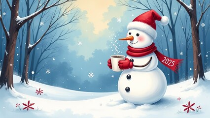 Fototapeta premium A cute snowman with a cup of cocoa in the winter forest. The inscription 2025 on the scarf. 2025 new year cafe concept. Copyspace