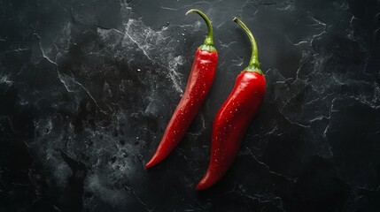 Two vibrant red chili peppers on a dark marble surface, highlighting their freshness.