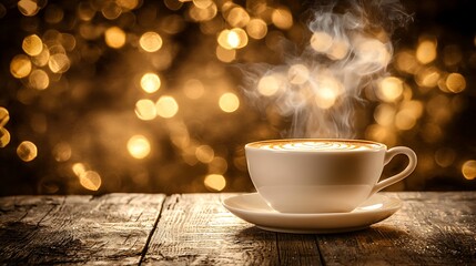 Obraz premium A white coffee cup on a wooden table with a saucer and spoon in a cozy morning cafe setting