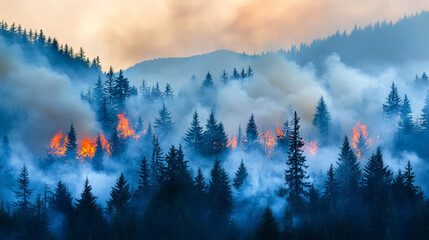 forest fire rages through the mountains, smoke rising high as flames engulf the trees, showcasing the destructive power of nature and the fragility of the environment