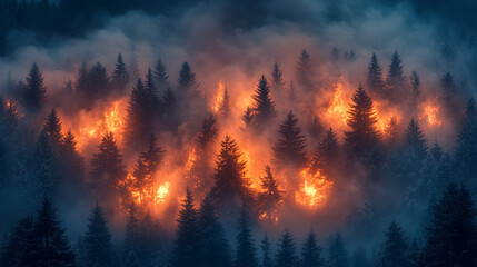 forest fire rages through the mountains, smoke rising high as flames engulf the trees, showcasing the destructive power of nature and the fragility of the environment