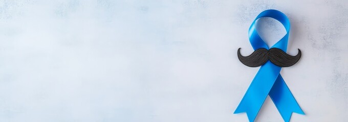 Blue ribbon and mustache symbolizing Movember for men’s health awareness on a light background with ample copy space
