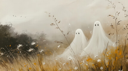 Whimsical ghost figures in misty landscape with wildflowers and soft colors evoke serene, ethereal atmosphere