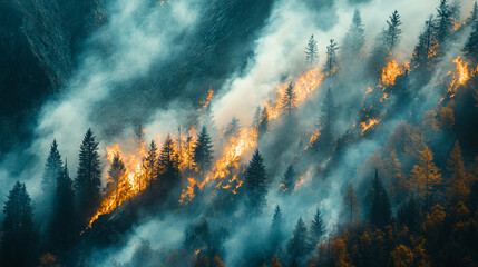 forest fire rages through the mountains, smoke rising high as flames engulf the trees, showcasing the destructive power of nature and the fragility of the environment