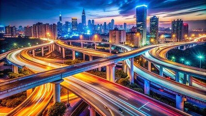 Fototapeta premium Captivating Double Exposure Photography of a Large Urban Ring Highway Viaduct at Night with Long Exposure Light Trails Creating a Stunning Night Scene of City Life