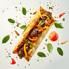 Delicious street food  lavash wrap with meat flying on white background. A mockup for design