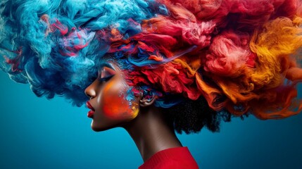 Fototapeta premium Brain rot concept. Vibrant hair color with colorful clouds around a profile view of a woman.